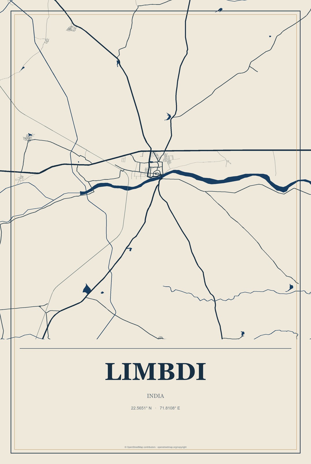 Limbdi, India City Map Aluminum Sign in Coastal Cutout style
