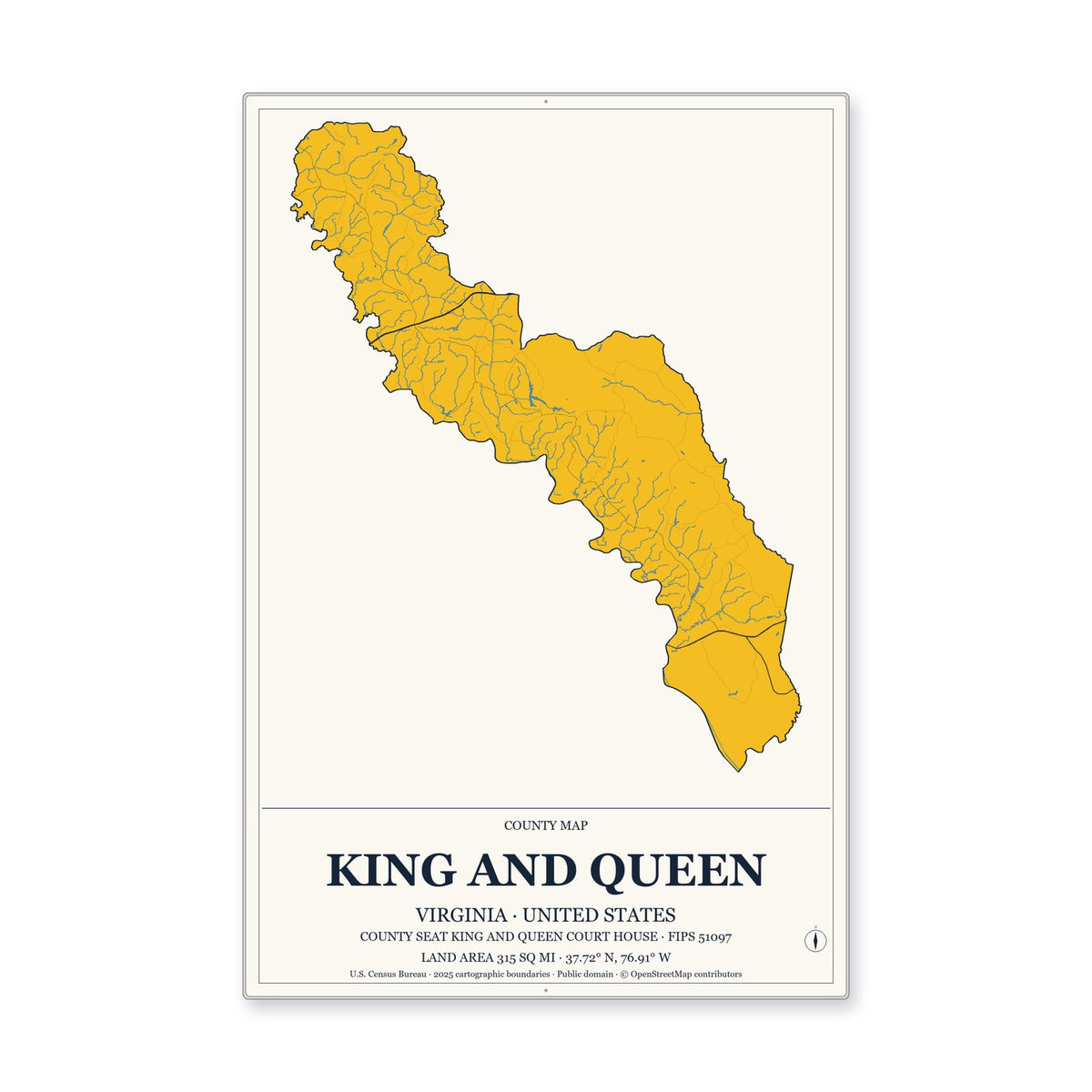 King and Queen County, Virginia Map Aluminum Sign in Citrine Modern style