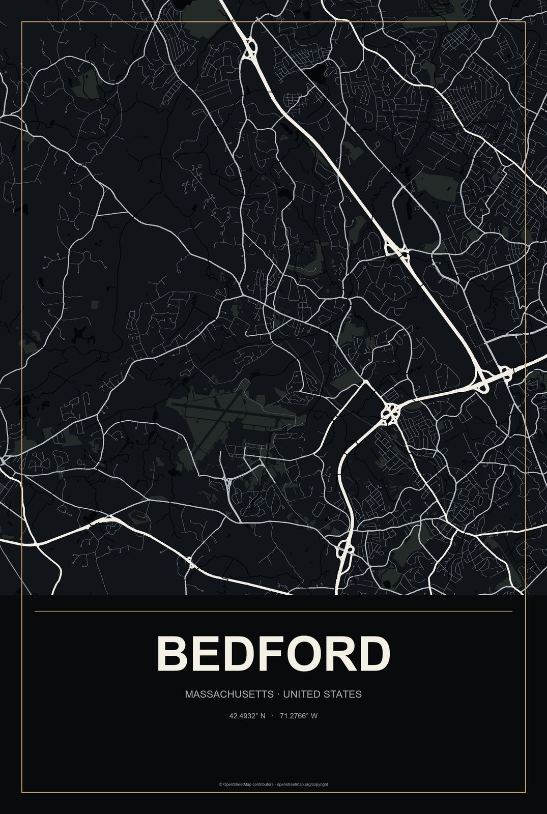 Bedford, Massachusetts City Map Aluminum Sign in Metropolitan Noir style
