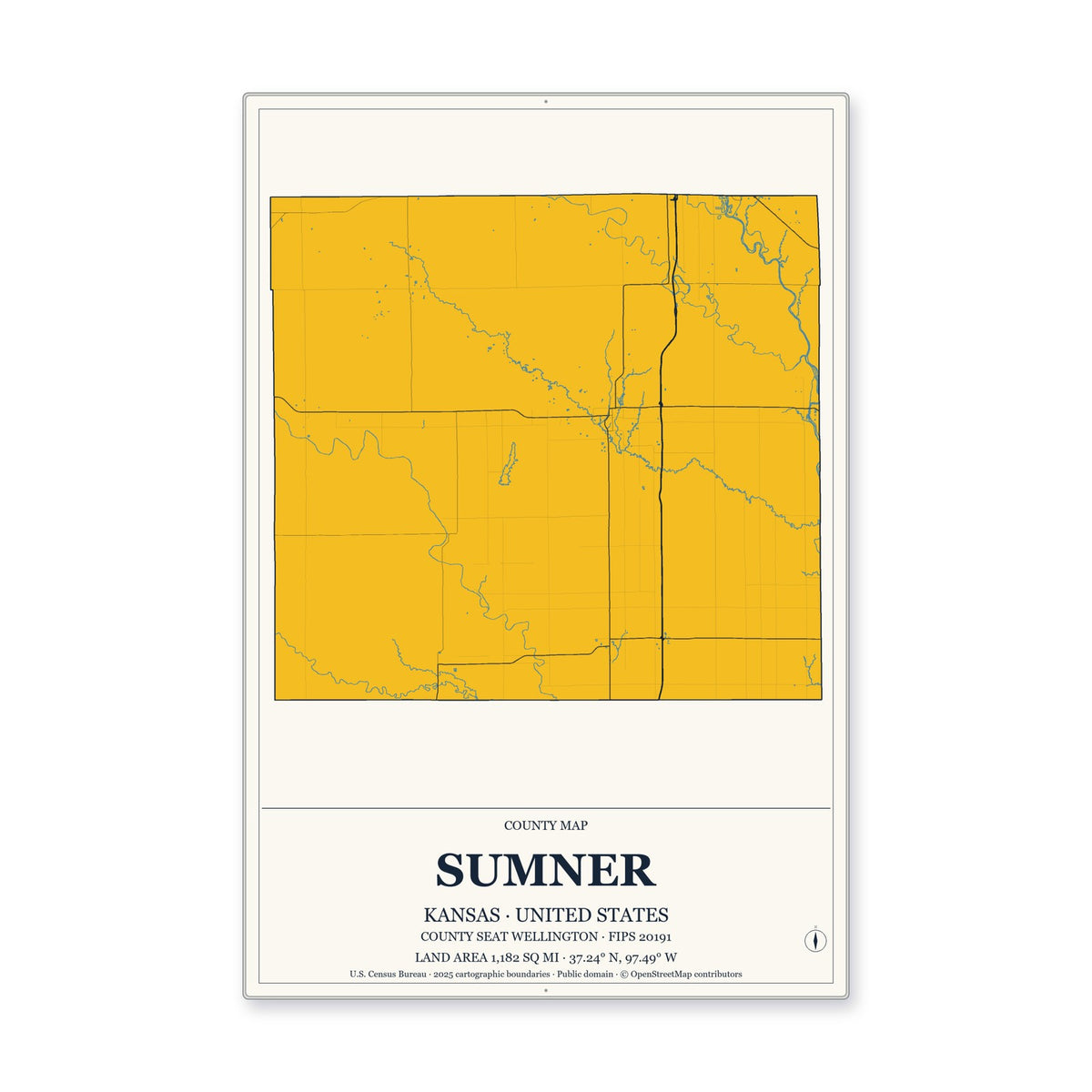 Sumner County, Kansas Map Aluminum Sign in Citrine Modern style