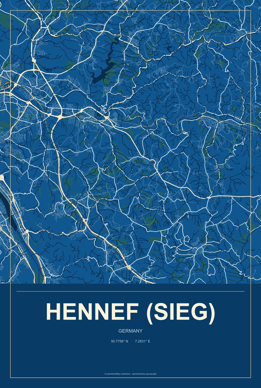 Hennef (Sieg), Germany City Map Aluminum Sign in Harbor Cobalt style