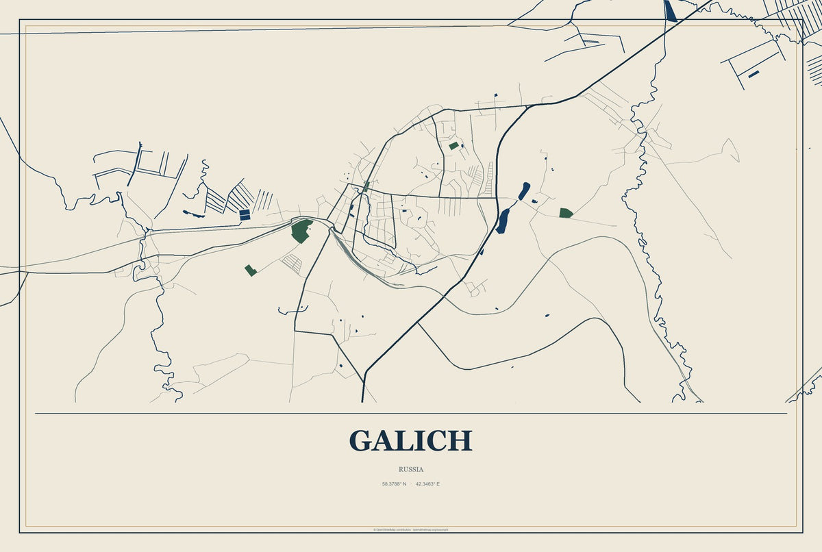 Galich, Russia City Map Aluminum Sign in Coastal Cutout style