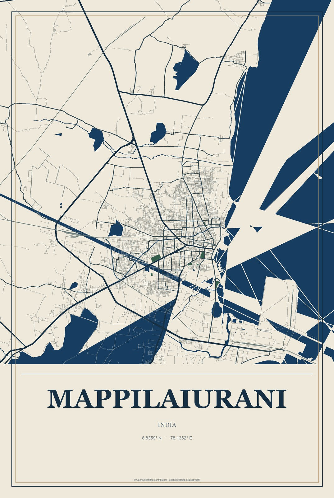 Mappilaiurani, India City Map Aluminum Sign in Coastal Cutout style