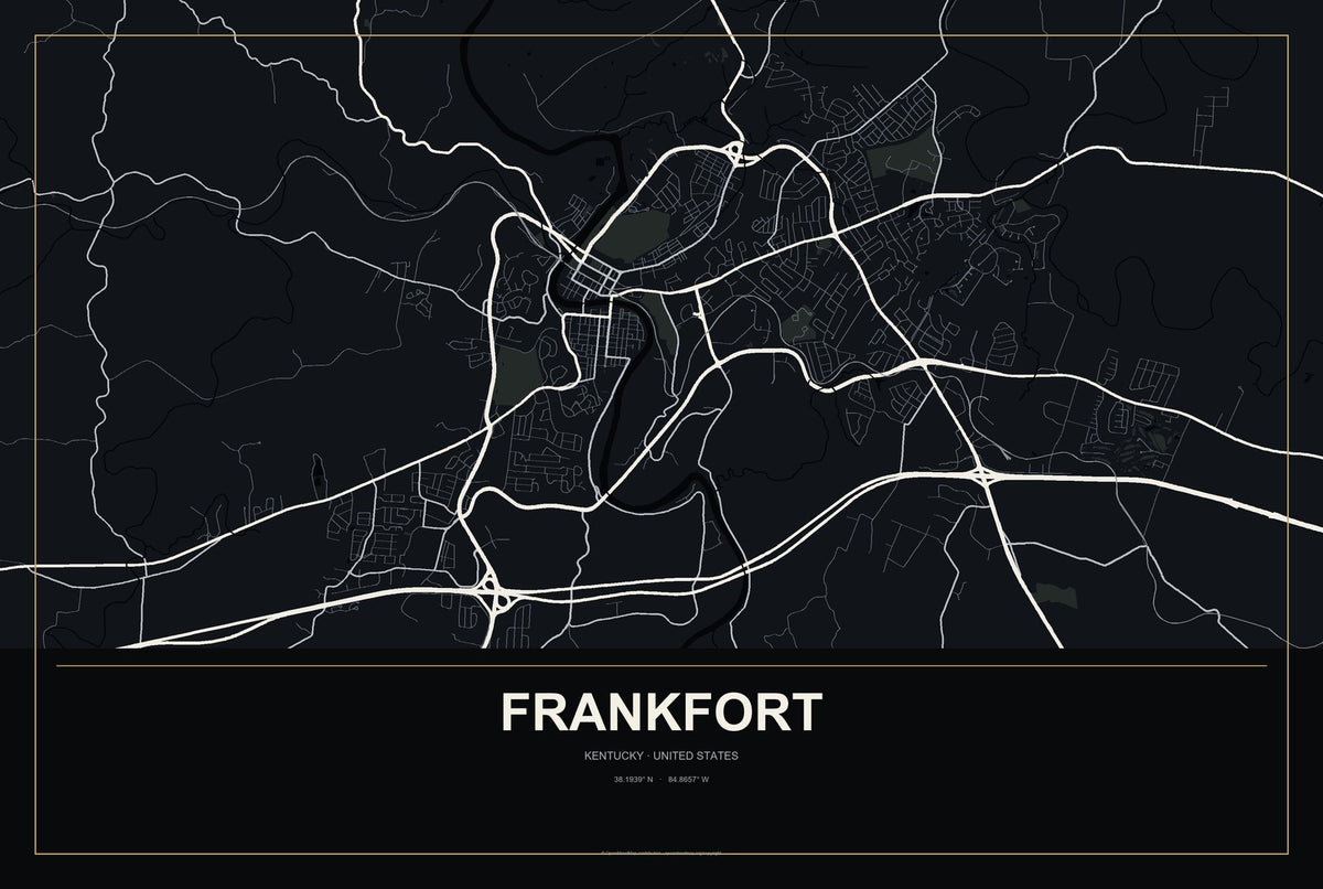 Frankfort, Kentucky City Map Aluminum Sign in Metropolitan Noir style