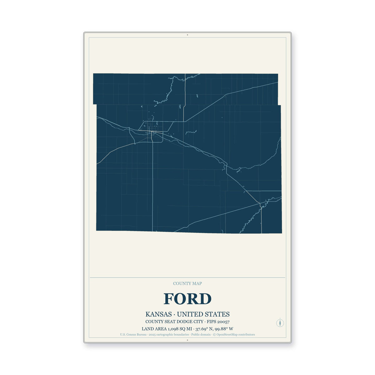 Ford County, Kansas Map Aluminum Sign in Coastal Cutout style
