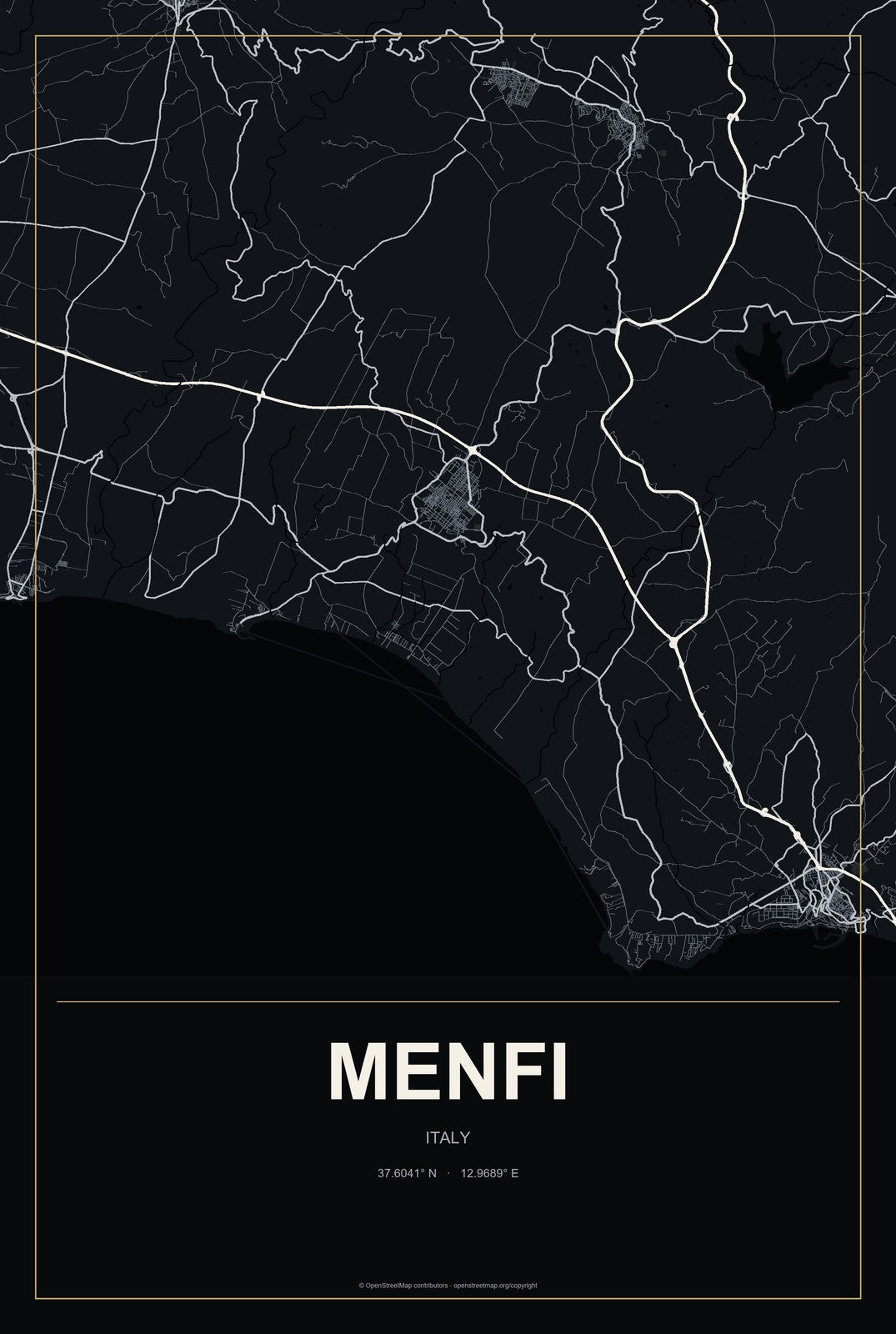 Menfi, Italy City Map Aluminum Sign in Metropolitan Noir style