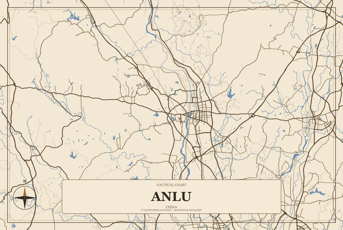 Anlu, China City Map Aluminum Sign in Heritage Nautical style