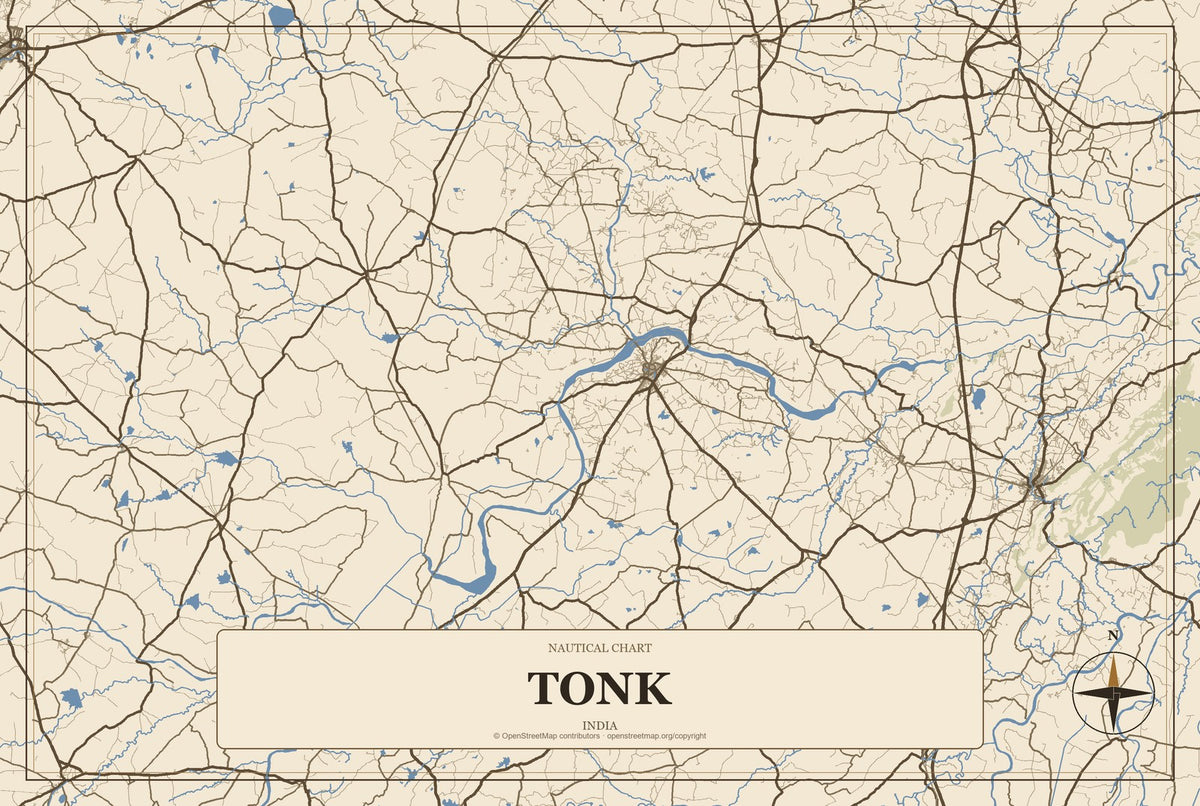 Tonk, India City Map Aluminum Sign in Heritage Nautical style