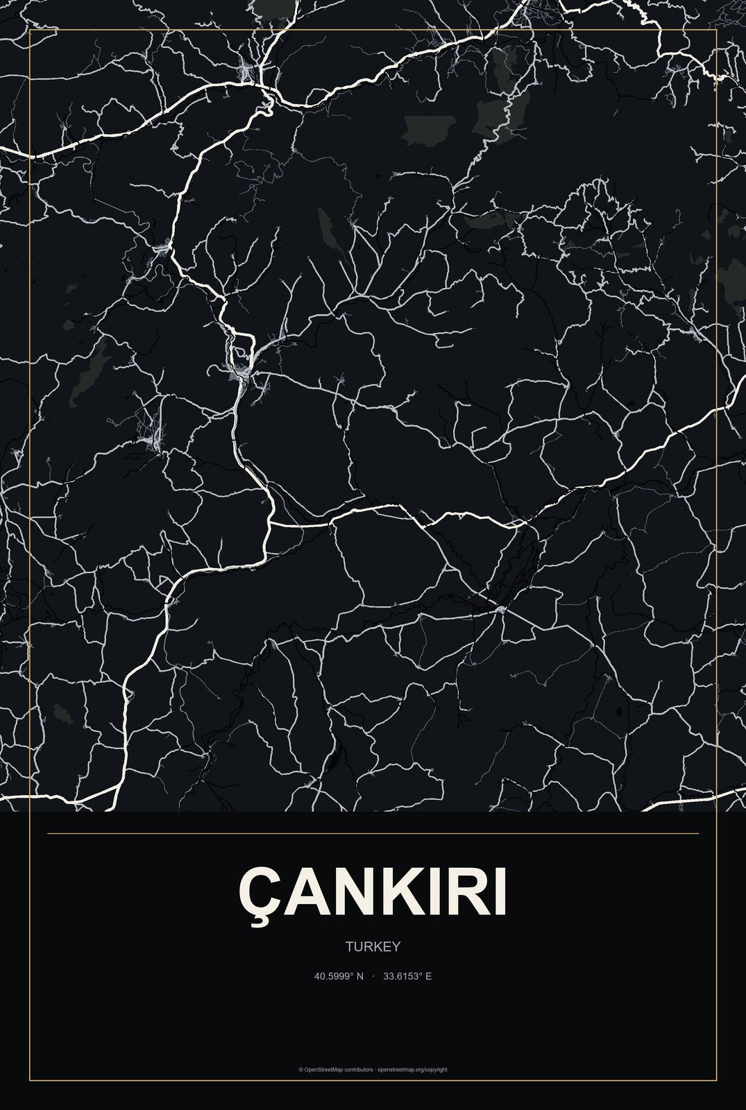 Çankırı, Turkey City Map Aluminum Sign in Metropolitan Noir style