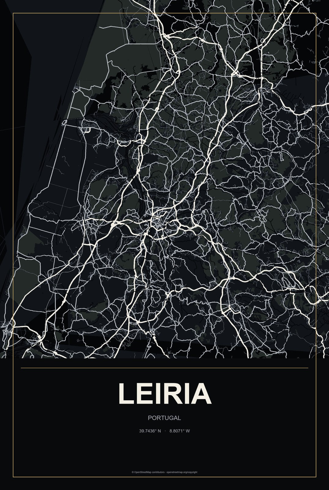 Leiria, Portugal City Map Aluminum Sign in Metropolitan Noir style