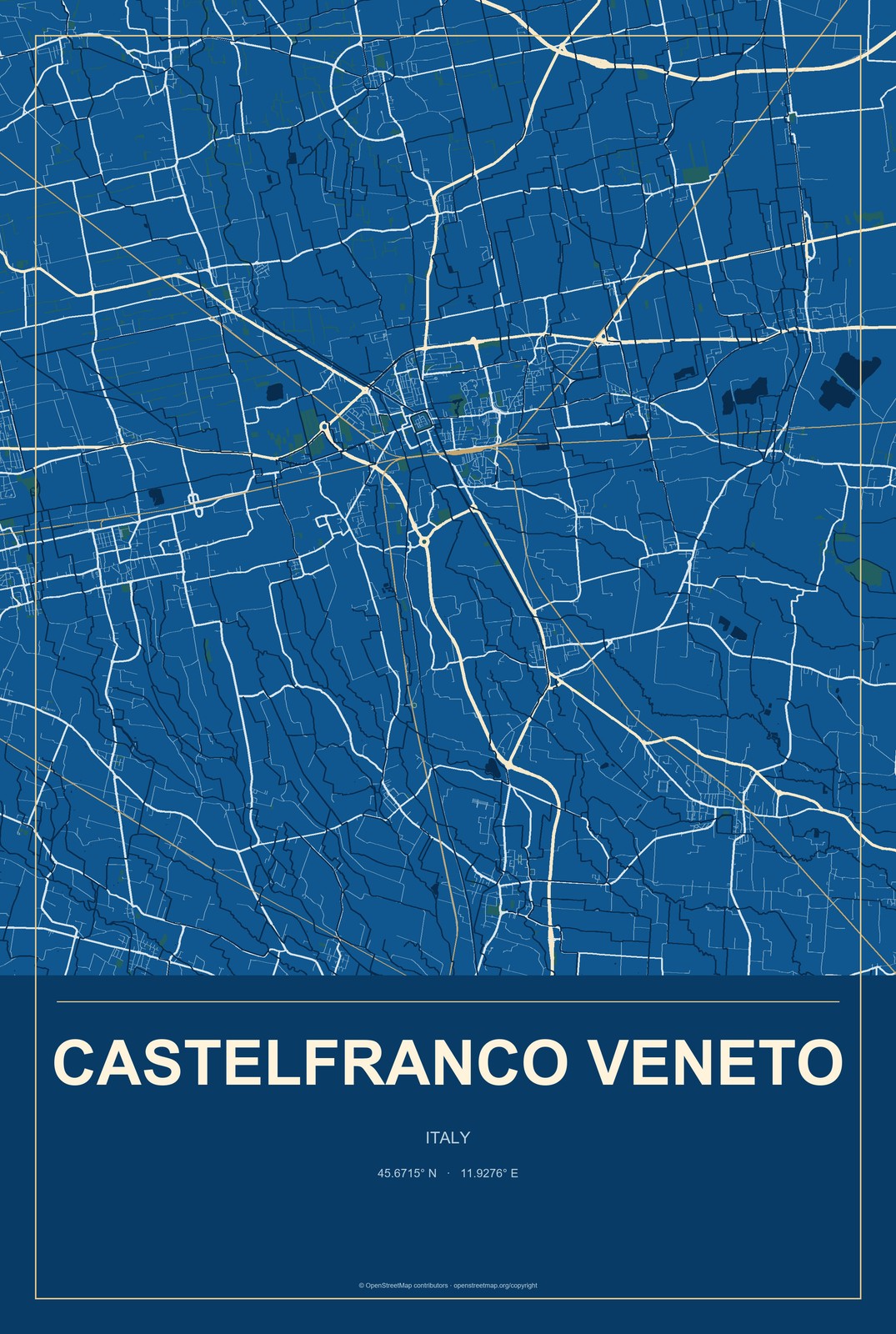 Castelfranco Veneto, Italy City Map Aluminum Sign in Harbor Cobalt style