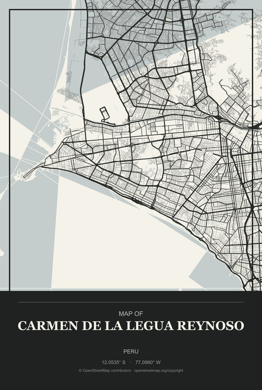 Carmen De La Legua Reynoso, Peru City Map Aluminum Sign in Museum Plaque style