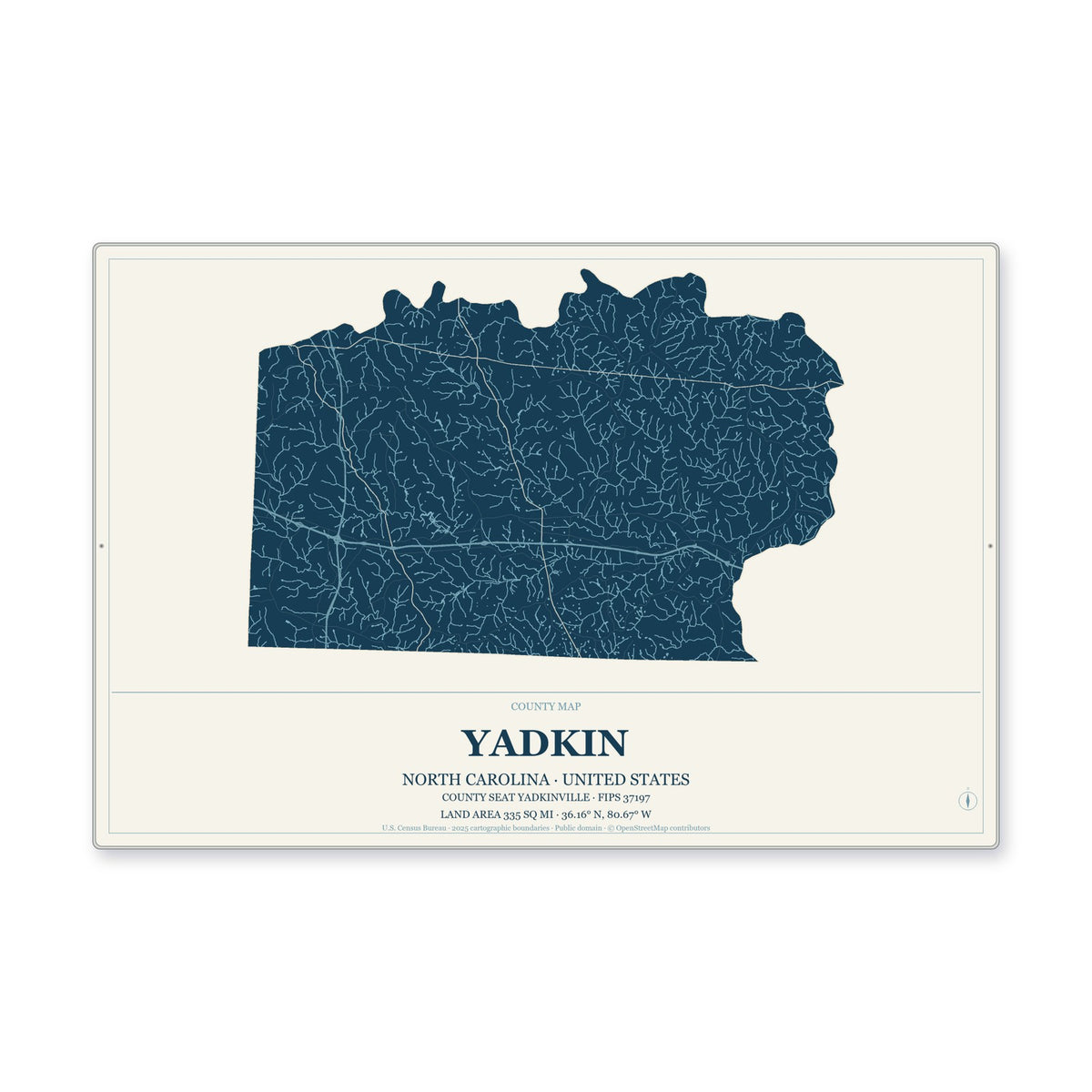 Yadkin County, North Carolina Map Aluminum Sign in Coastal Cutout style