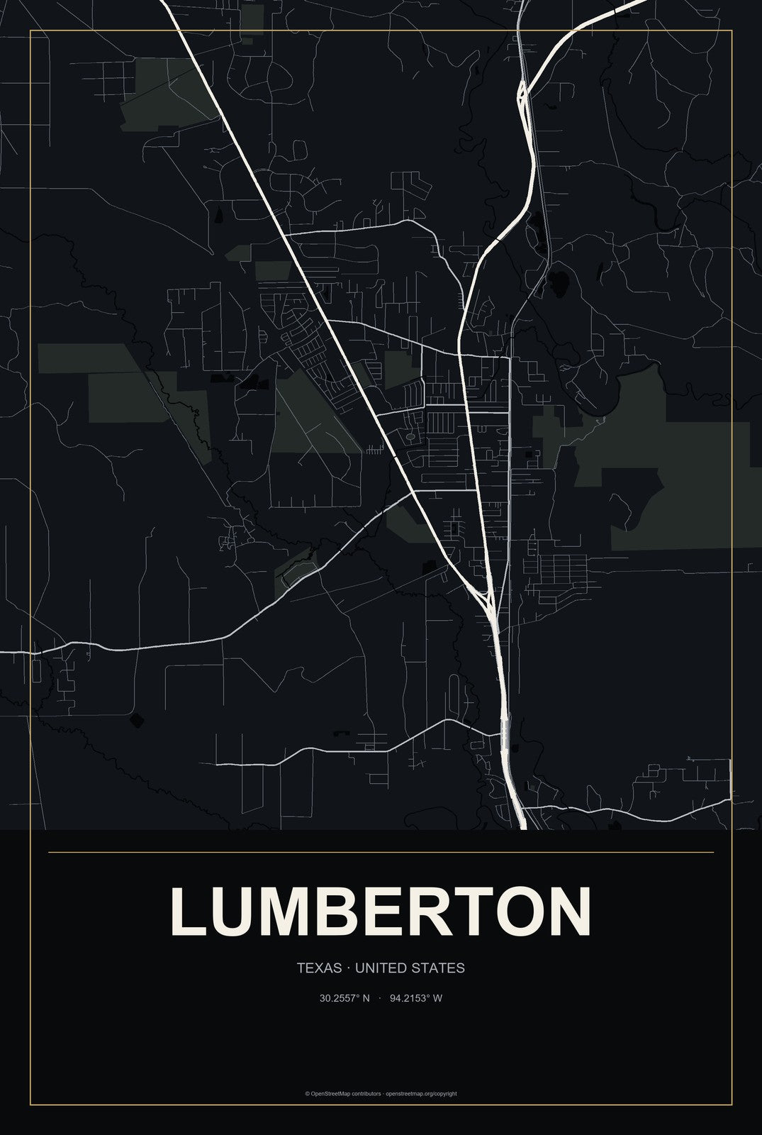 Lumberton, Texas City Map Aluminum Sign in Metropolitan Noir style