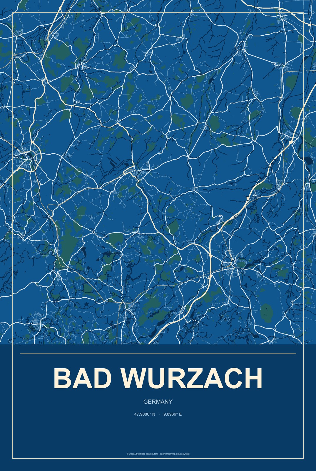 Bad Wurzach, Germany City Map Aluminum Sign in Harbor Cobalt style