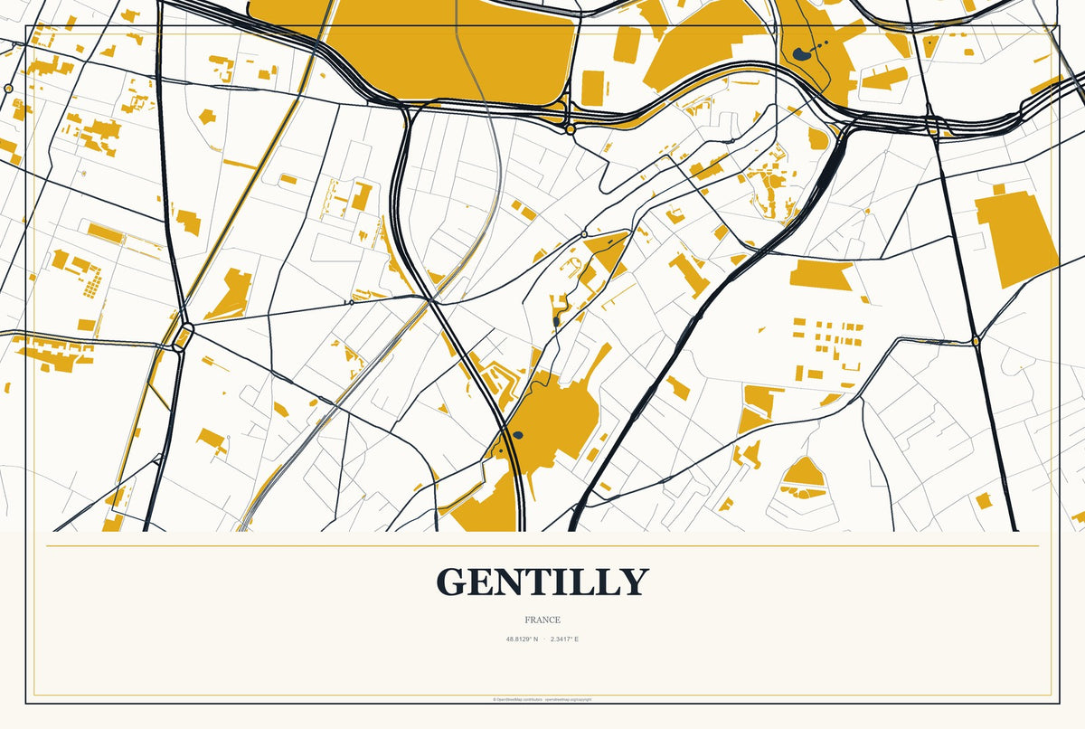 Gentilly, France City Map Aluminum Sign in Citrine Modern style