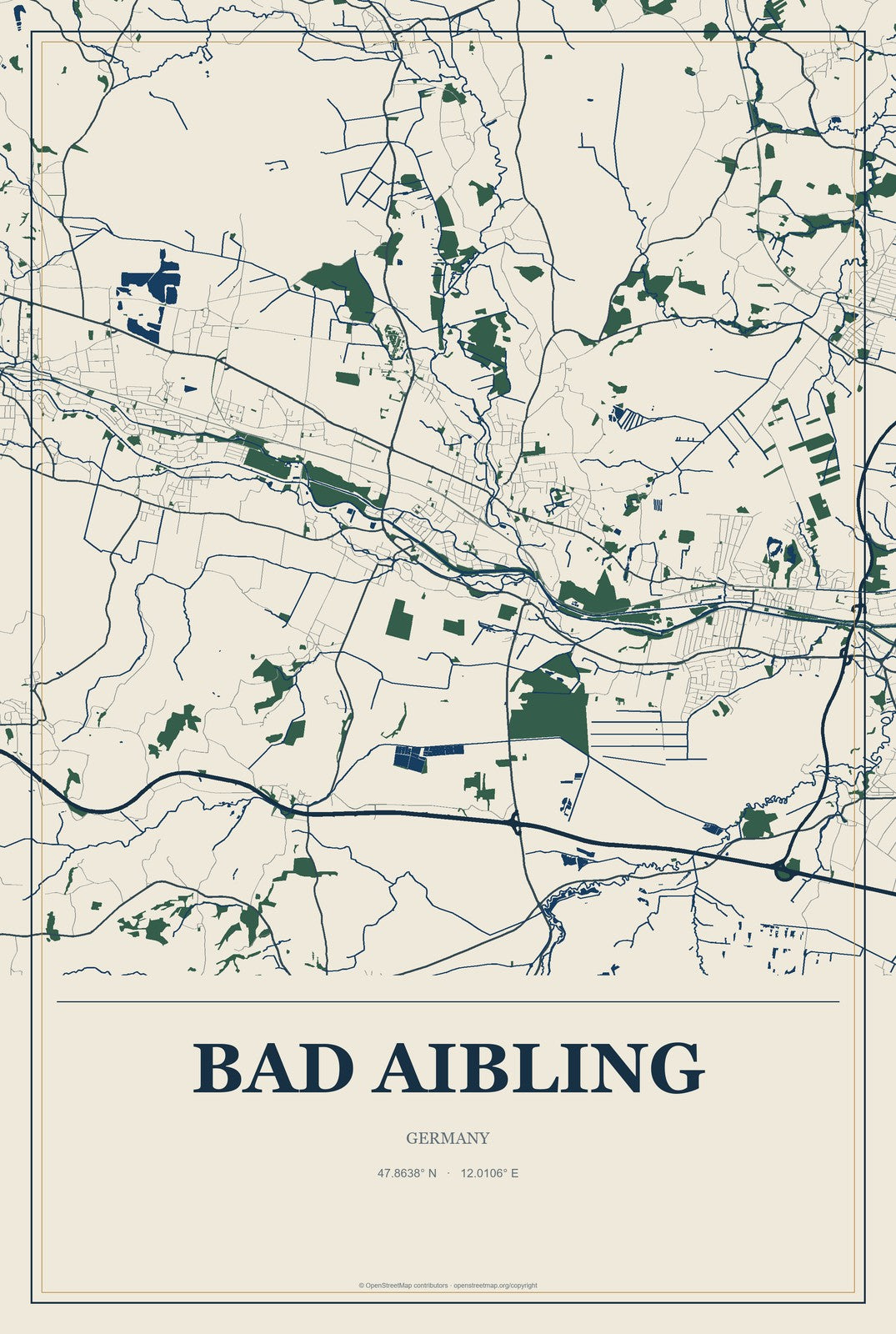 Bad Aibling, Germany City Map Aluminum Sign in Coastal Cutout style