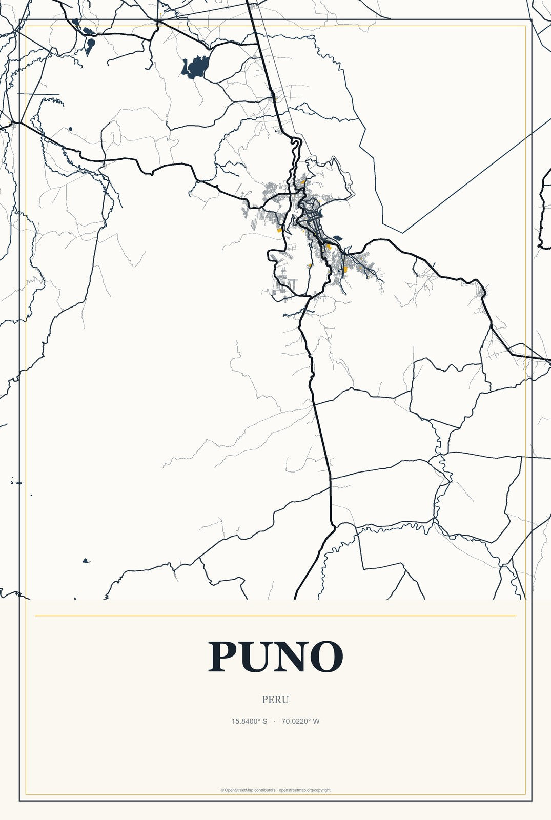 Puno, Peru City Map Aluminum Sign in Citrine Modern style