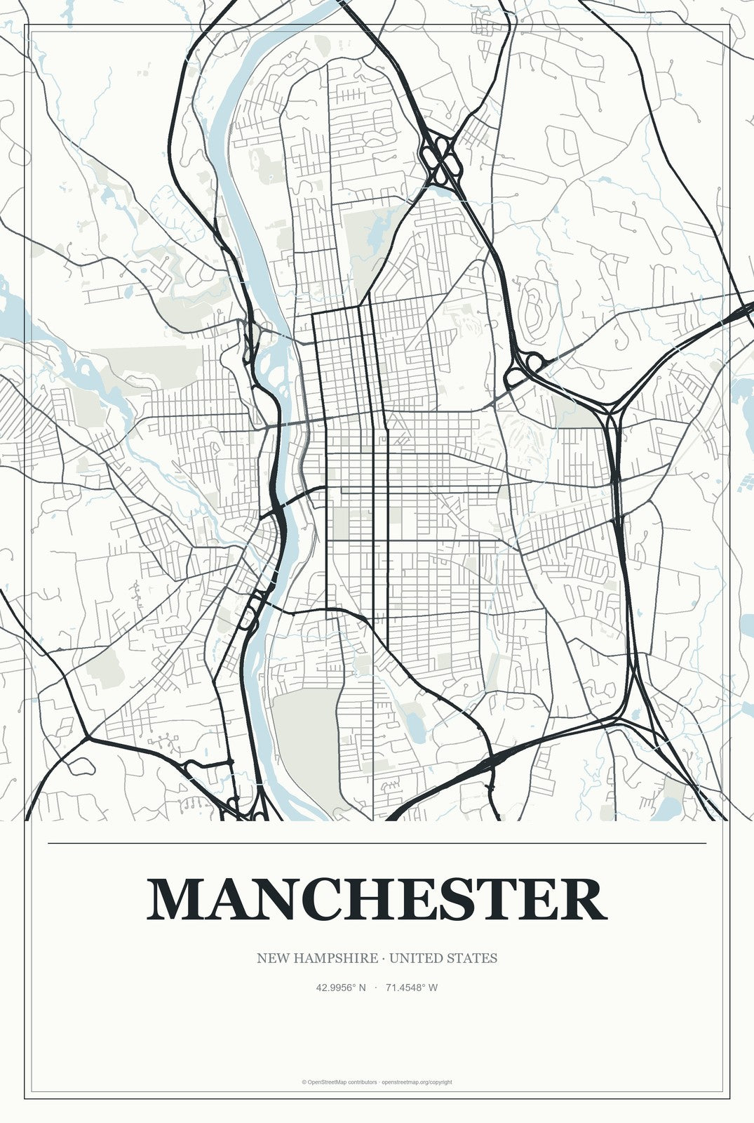 Manchester, New Hampshire City Map Aluminum Sign in Gallery Air style