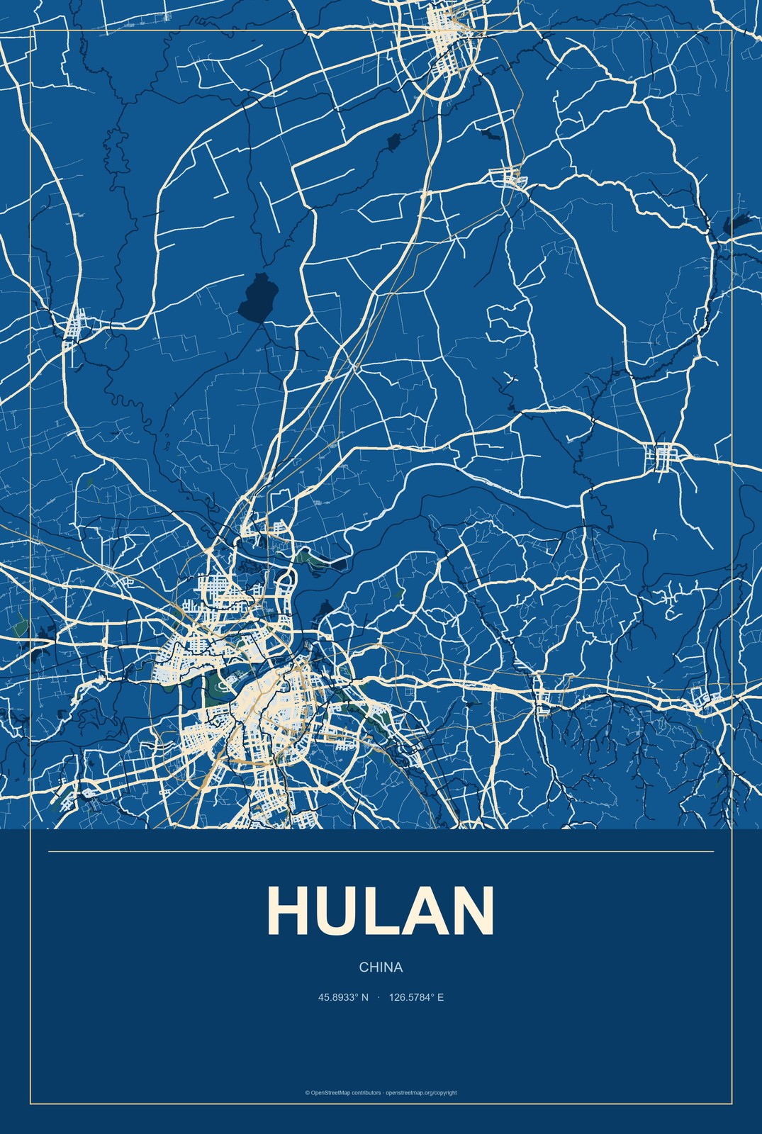 Hulan, China City Map Aluminum Sign in Harbor Cobalt style