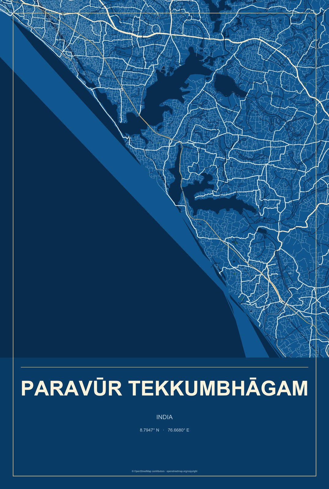 Paravūr Tekkumbhāgam, India City Map Aluminum Sign in Harbor Cobalt style