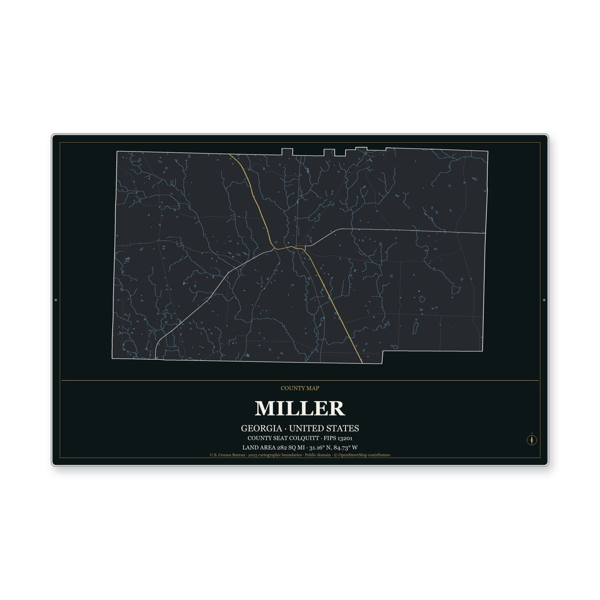 Miller County, Georgia Map Aluminum Sign in Metropolitan Noir style