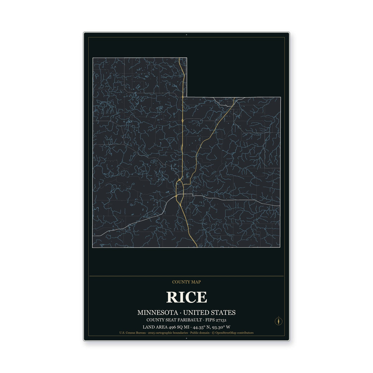 Rice County, Minnesota Map Aluminum Sign in Metropolitan Noir style
