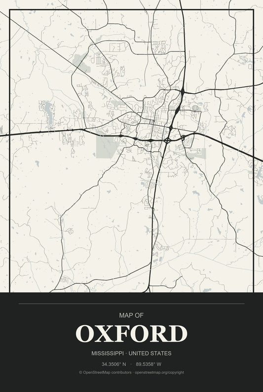 Oxford, Mississippi City Map Aluminum Sign in Museum Plaque style