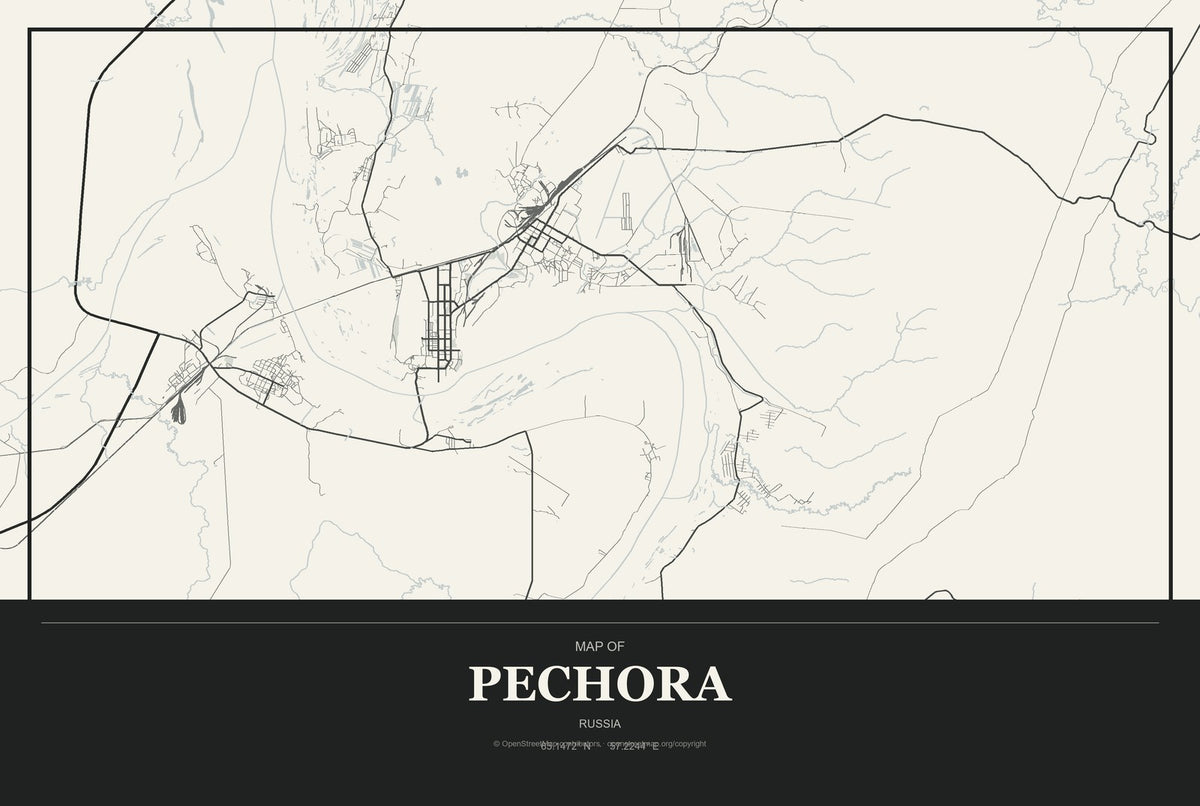Pechora, Russia City Map Aluminum Sign in Museum Plaque style