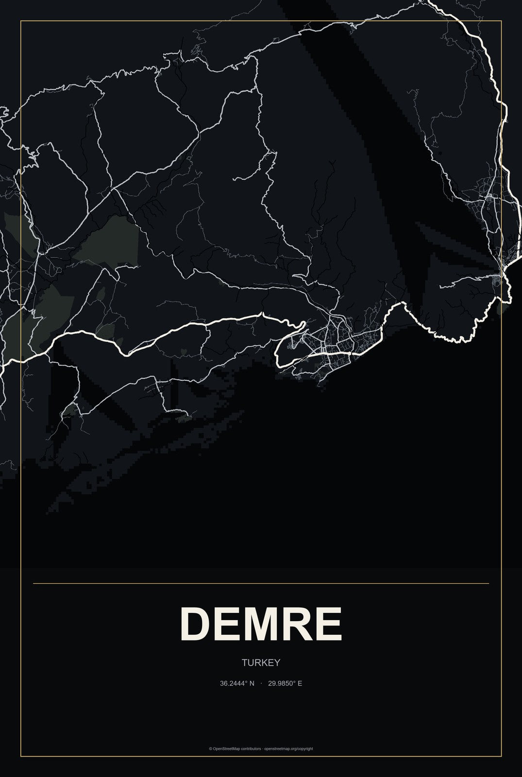 Demre, Turkey City Map Aluminum Sign in Metropolitan Noir style