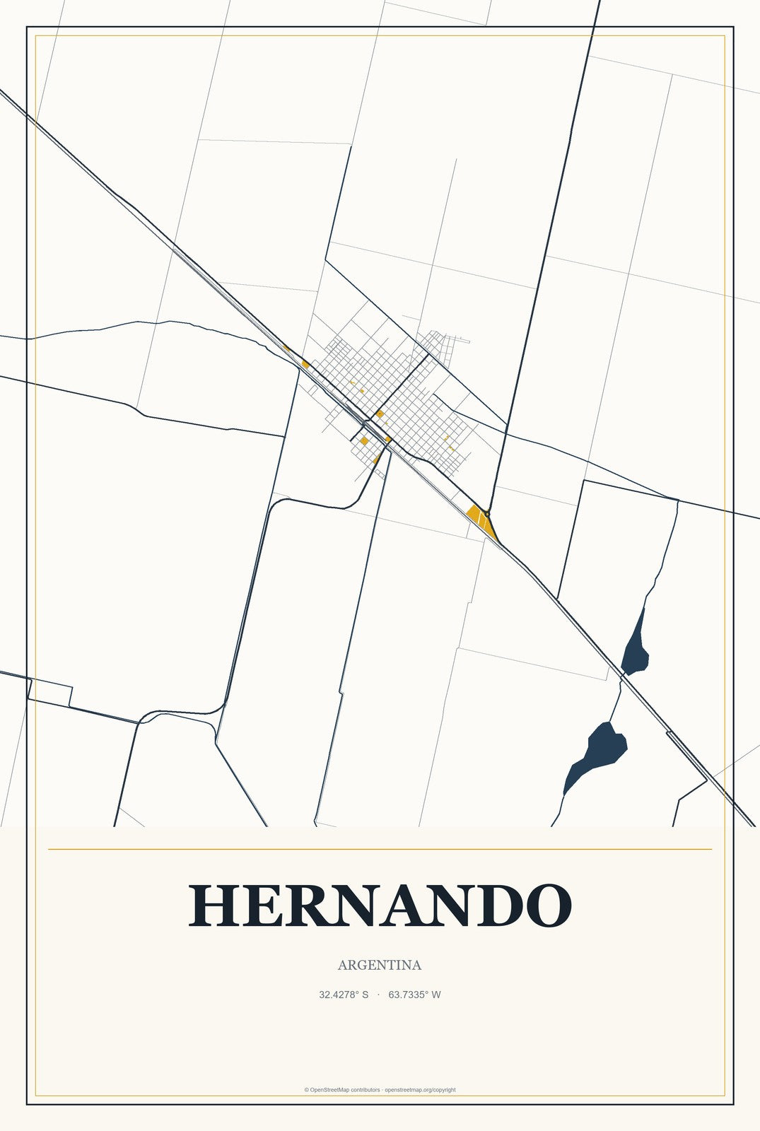 Hernando, Argentina City Map Aluminum Sign in Citrine Modern style