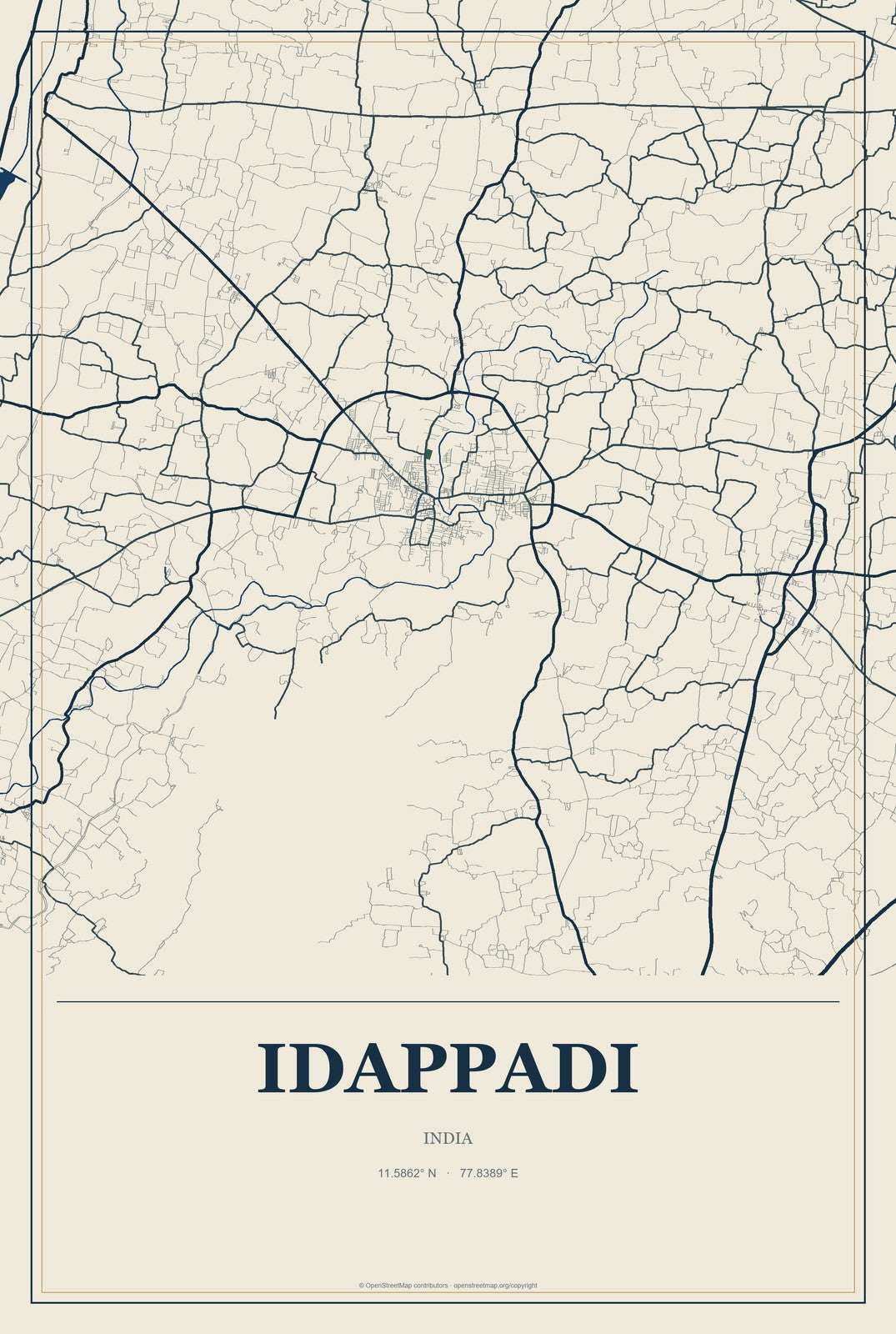 Idappadi, India City Map Aluminum Sign in Coastal Cutout style