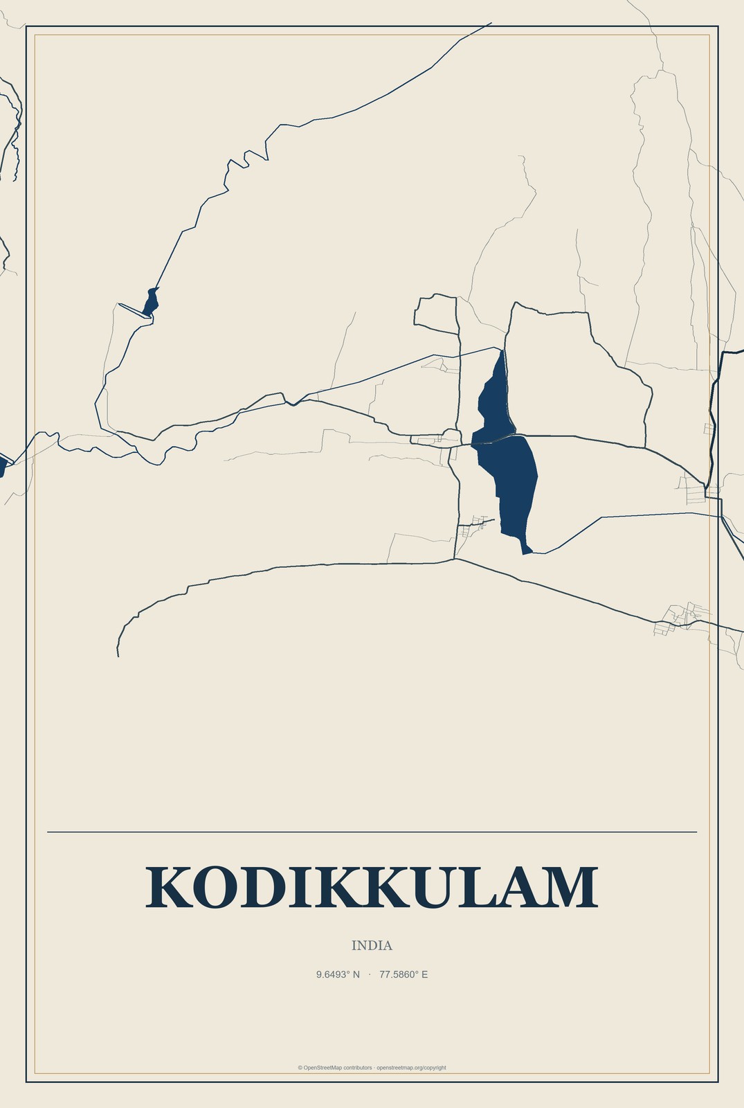 Kodikkulam, India City Map Aluminum Sign in Coastal Cutout style