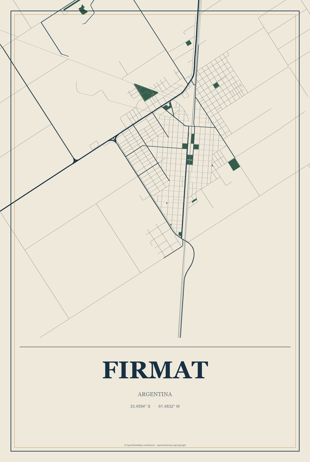 Firmat, Argentina City Map Aluminum Sign in Coastal Cutout style
