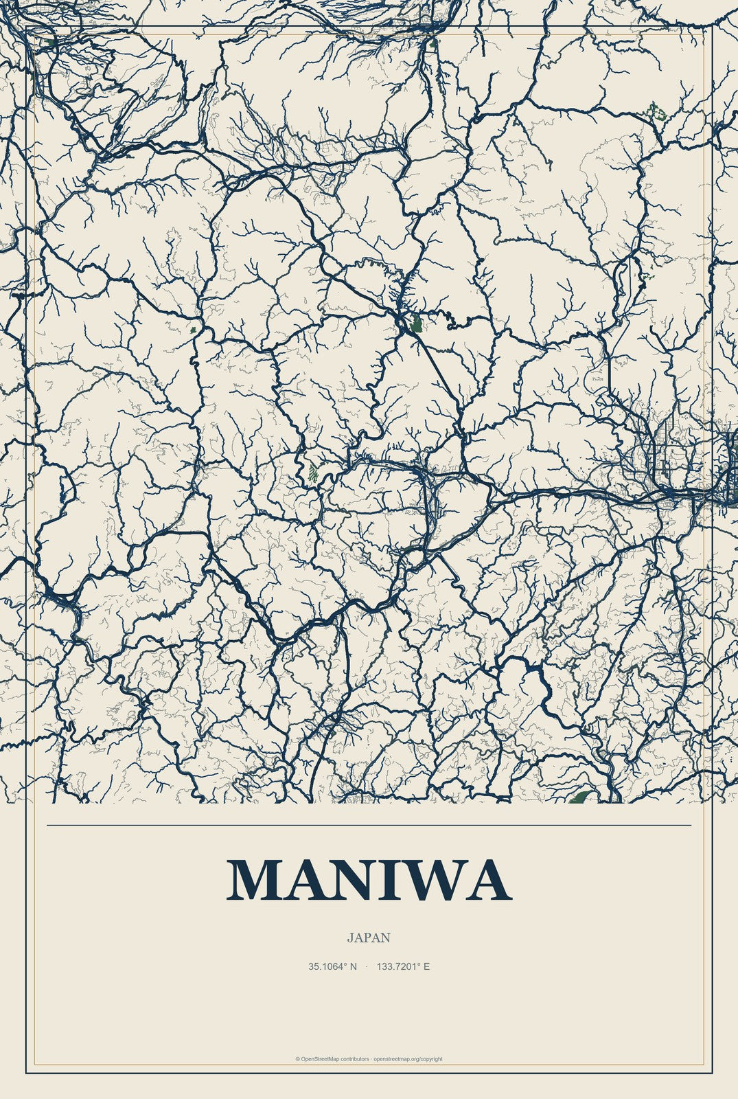 Maniwa, Japan City Map Aluminum Sign in Coastal Cutout style
