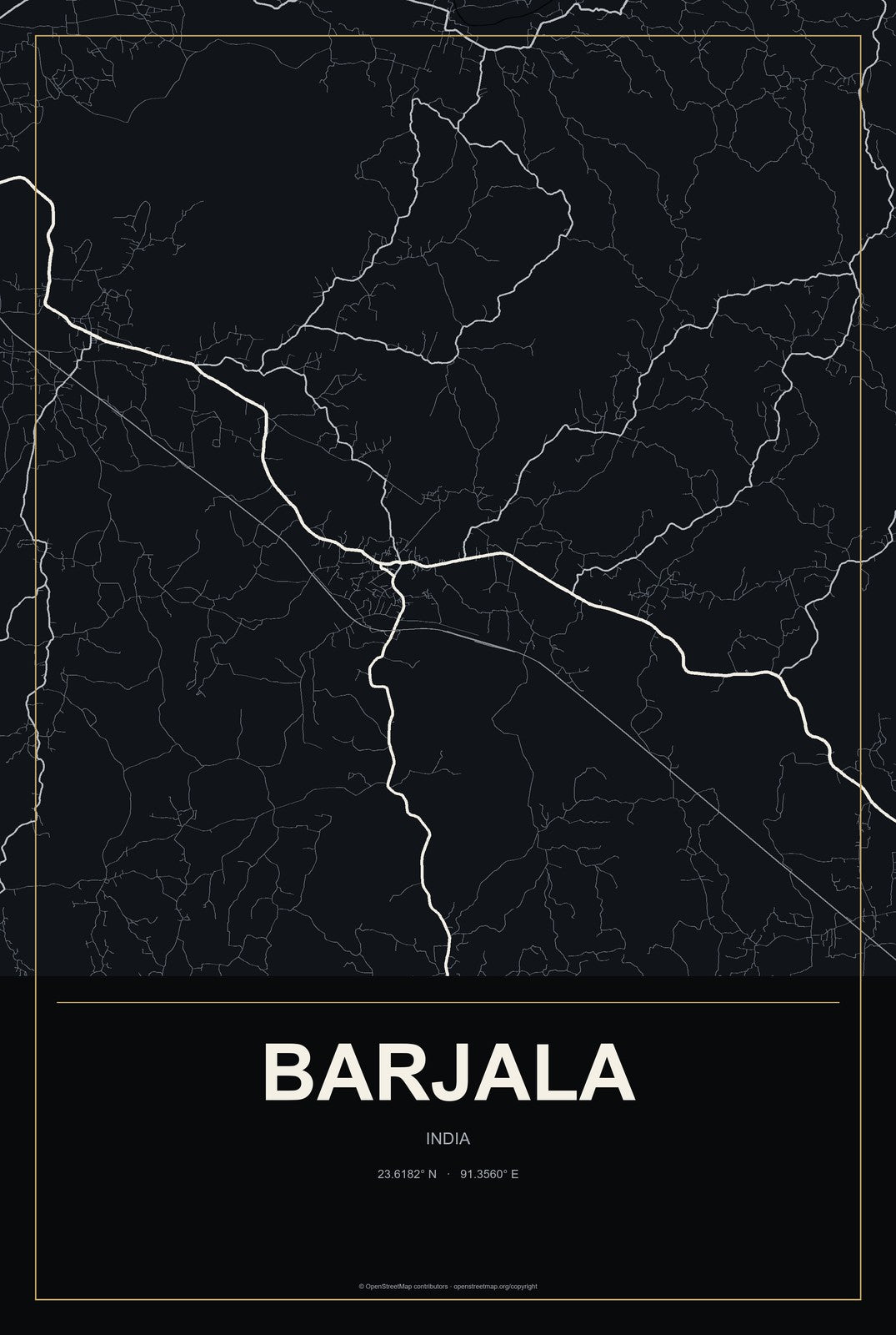 Barjala, India City Map Aluminum Sign in Metropolitan Noir style