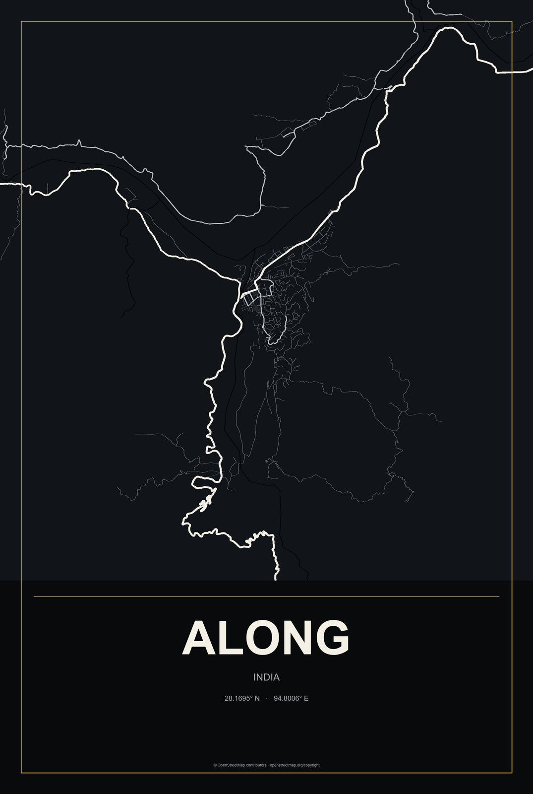 Along, India City Map Aluminum Sign in Metropolitan Noir style