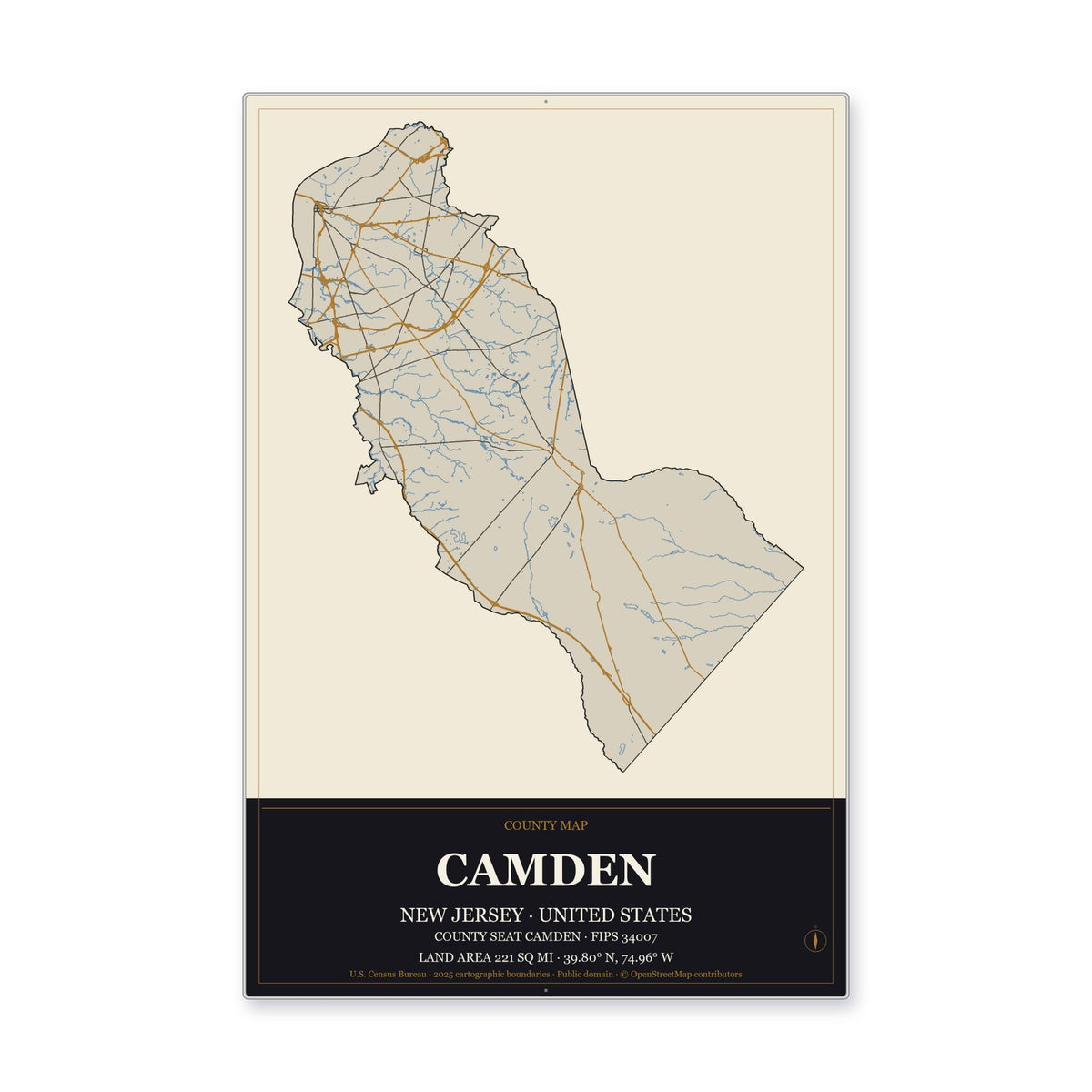 Camden County, New Jersey Map Aluminum Sign in Museum Plaque style