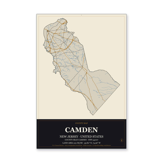 Camden County, New Jersey Map Aluminum Sign in Museum Plaque style