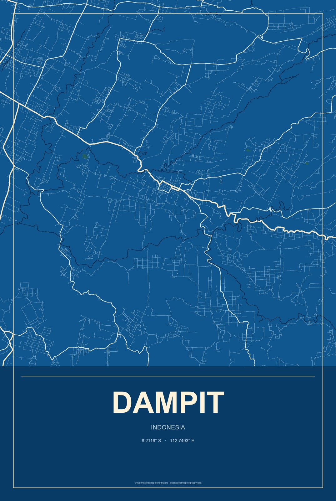 Dampit, Indonesia City Map Aluminum Sign in Harbor Cobalt style