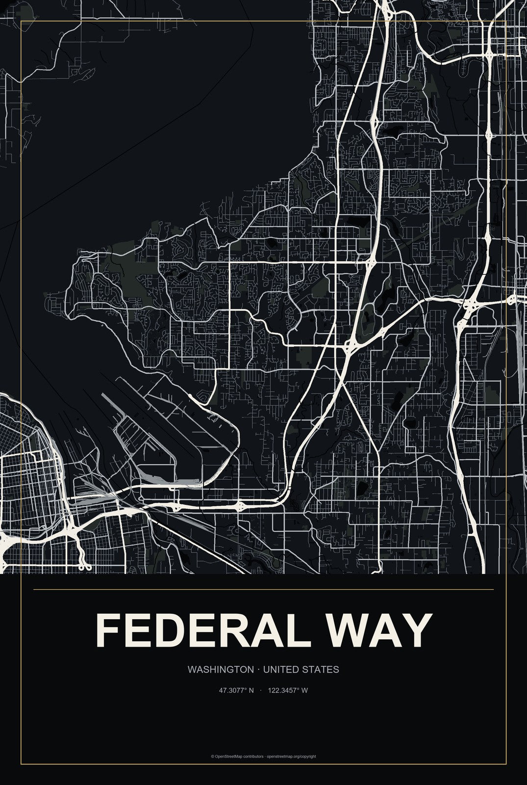 Federal Way, Washington City Map Aluminum Sign in Metropolitan Noir style