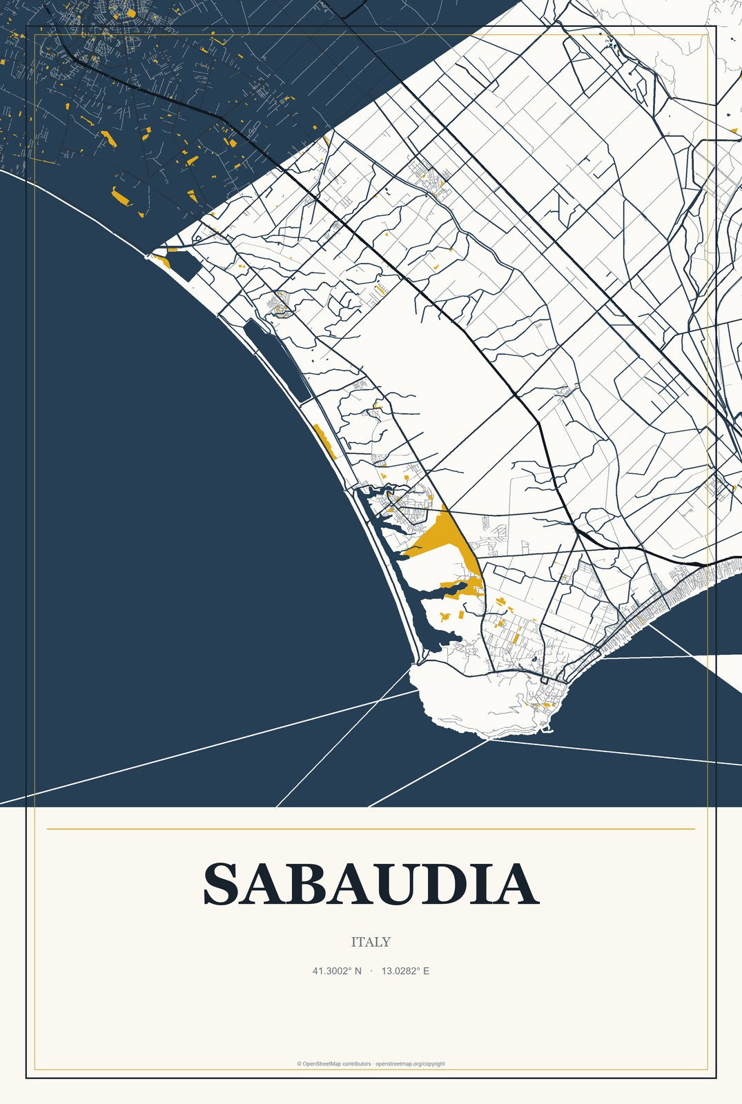 Sabaudia, Italy City Map Aluminum Sign in Citrine Modern style