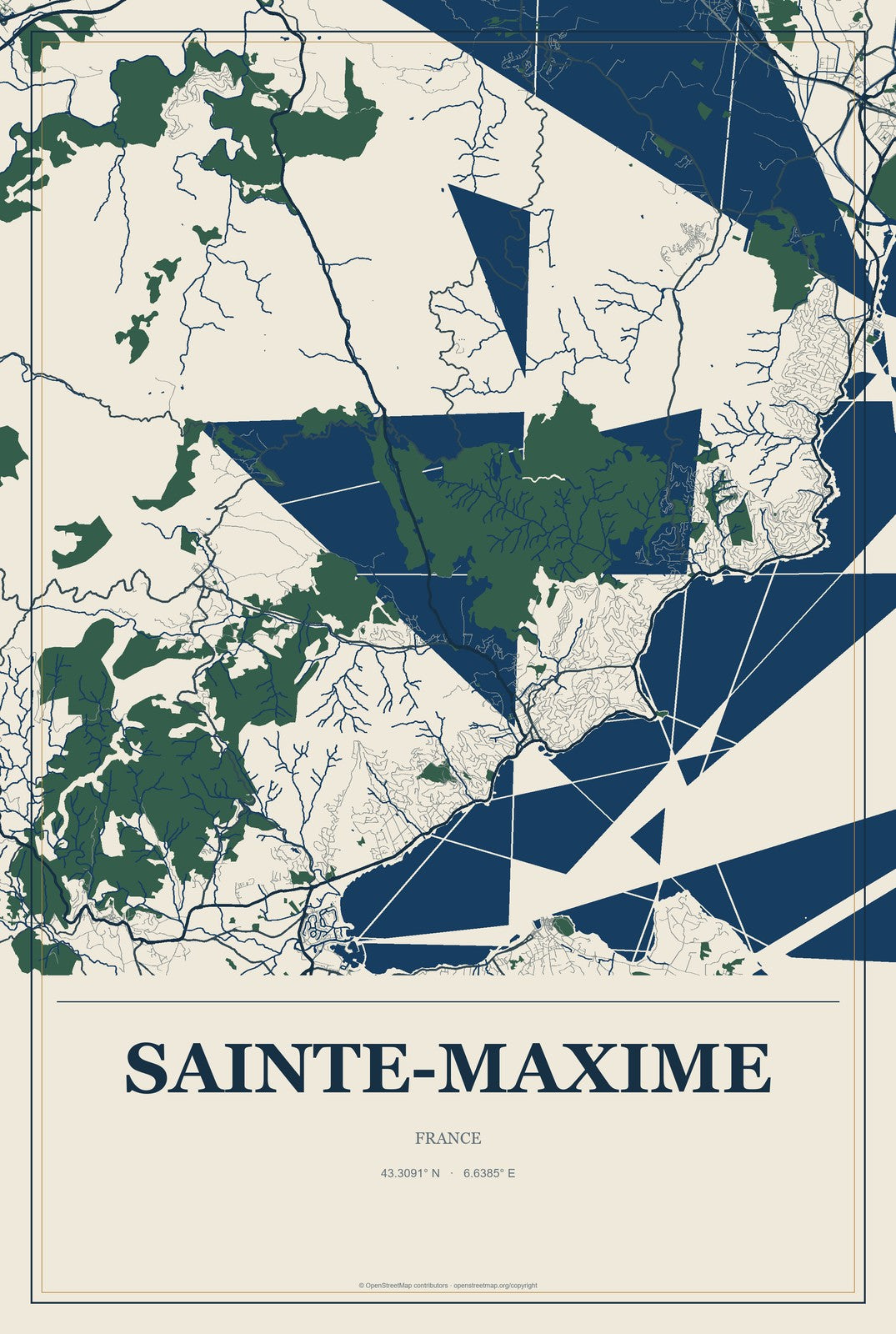 Sainte-Maxime, France City Map Aluminum Sign in Coastal Cutout style