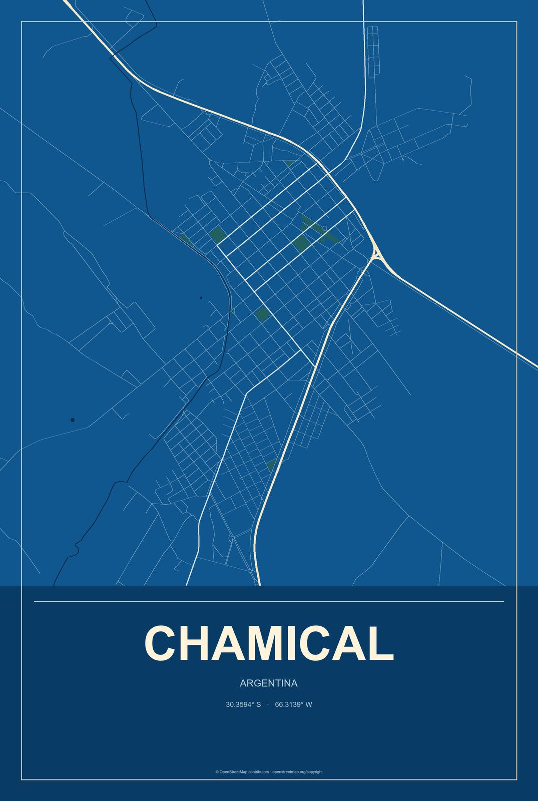 Chamical, Argentina City Map Aluminum Sign in Harbor Cobalt style