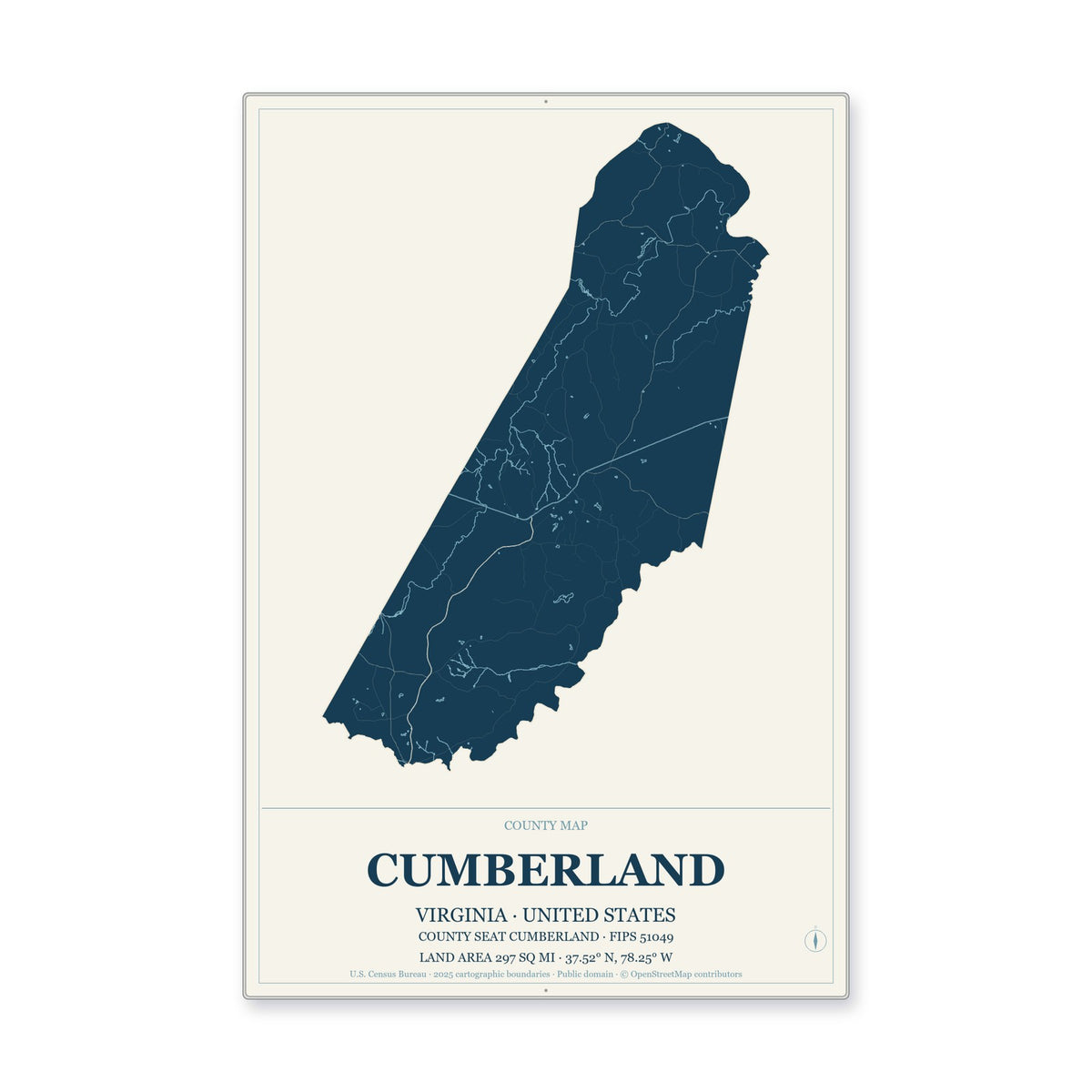Cumberland County, Virginia Map Aluminum Sign in Coastal Cutout style