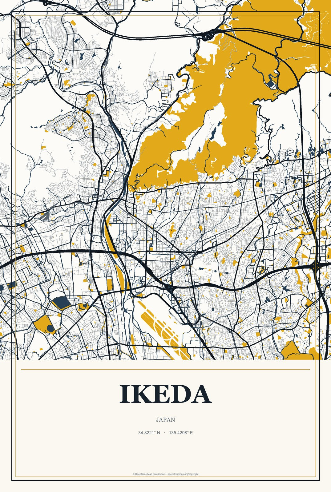 Ikeda, Japan City Map Aluminum Sign in Citrine Modern style