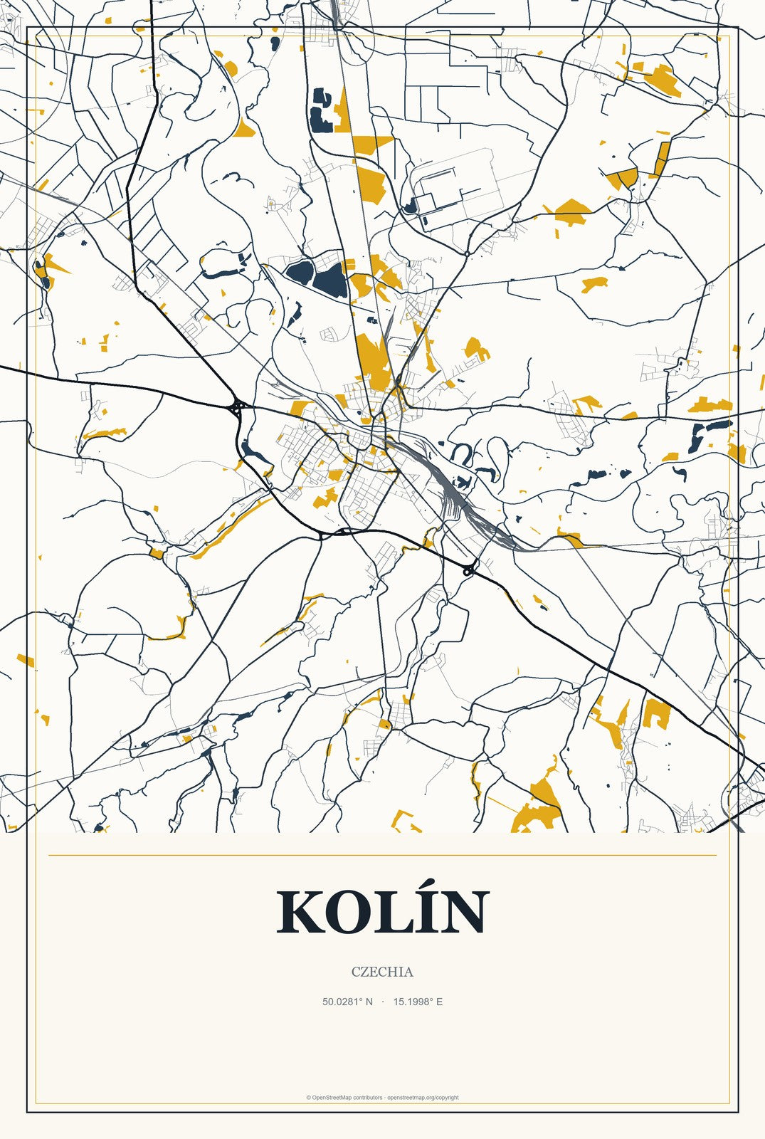 Kolín, Czechia City Map Aluminum Sign in Citrine Modern style