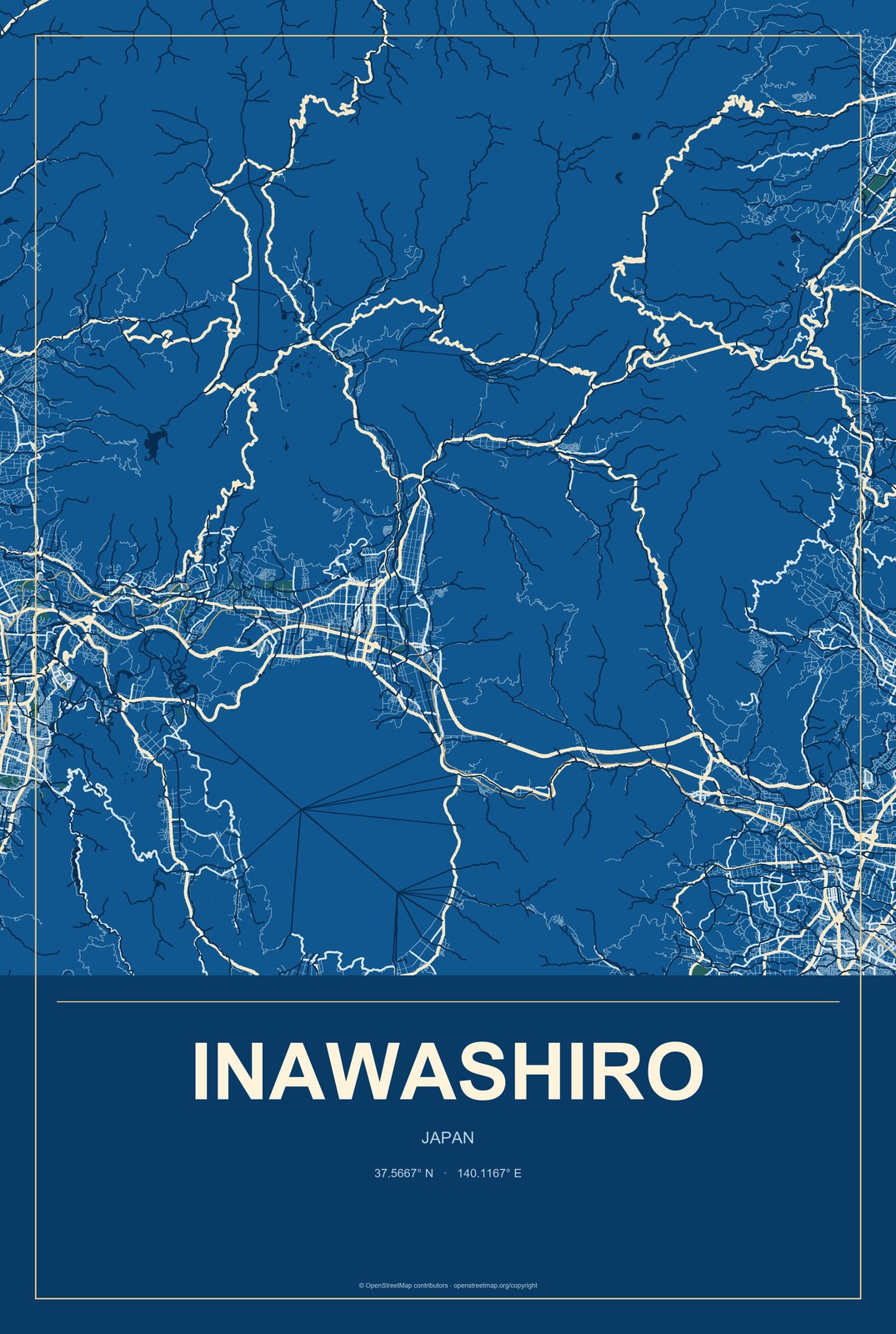 Inawashiro, Japan City Map Aluminum Sign in Harbor Cobalt style