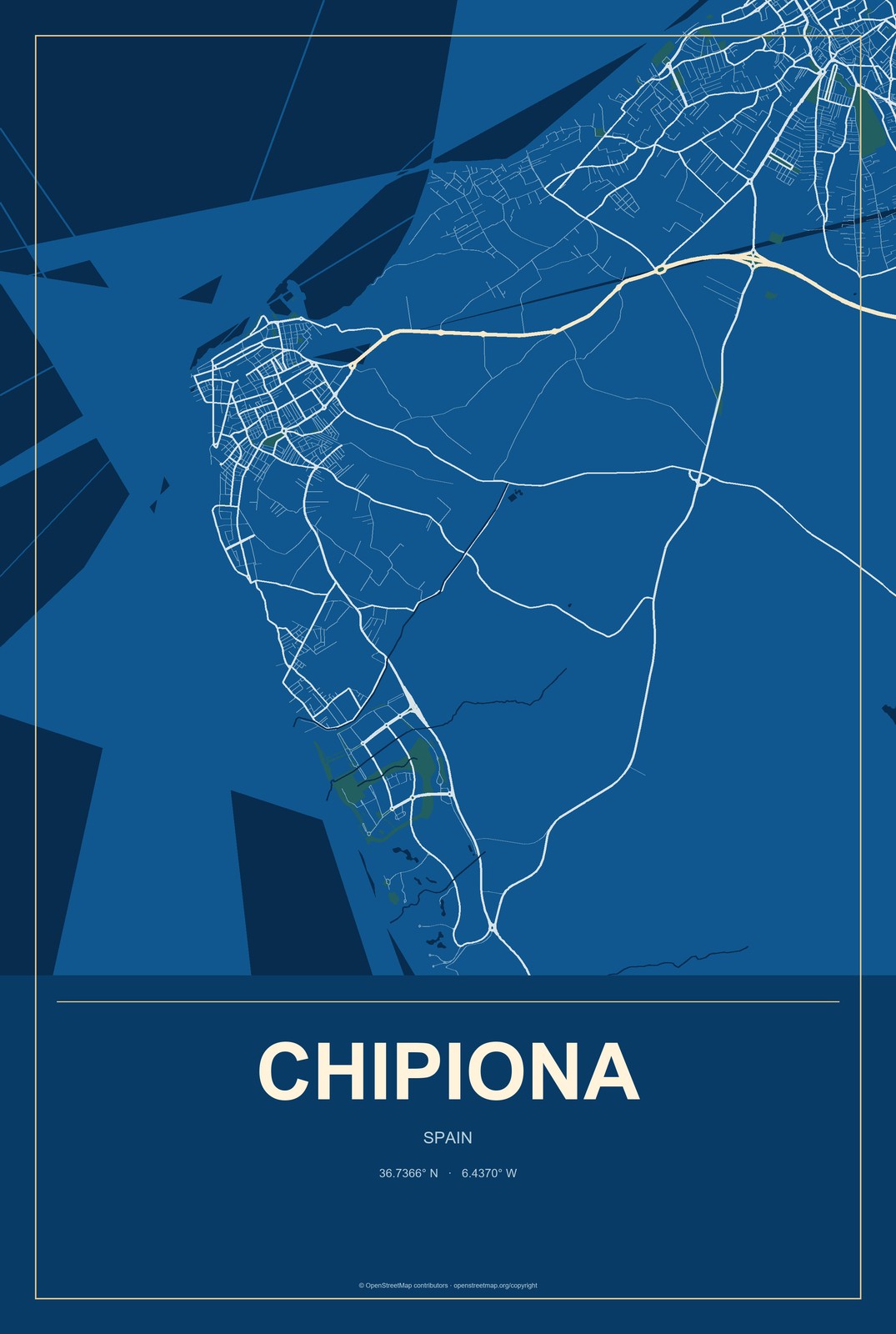 Chipiona, Spain City Map Aluminum Sign in Harbor Cobalt style