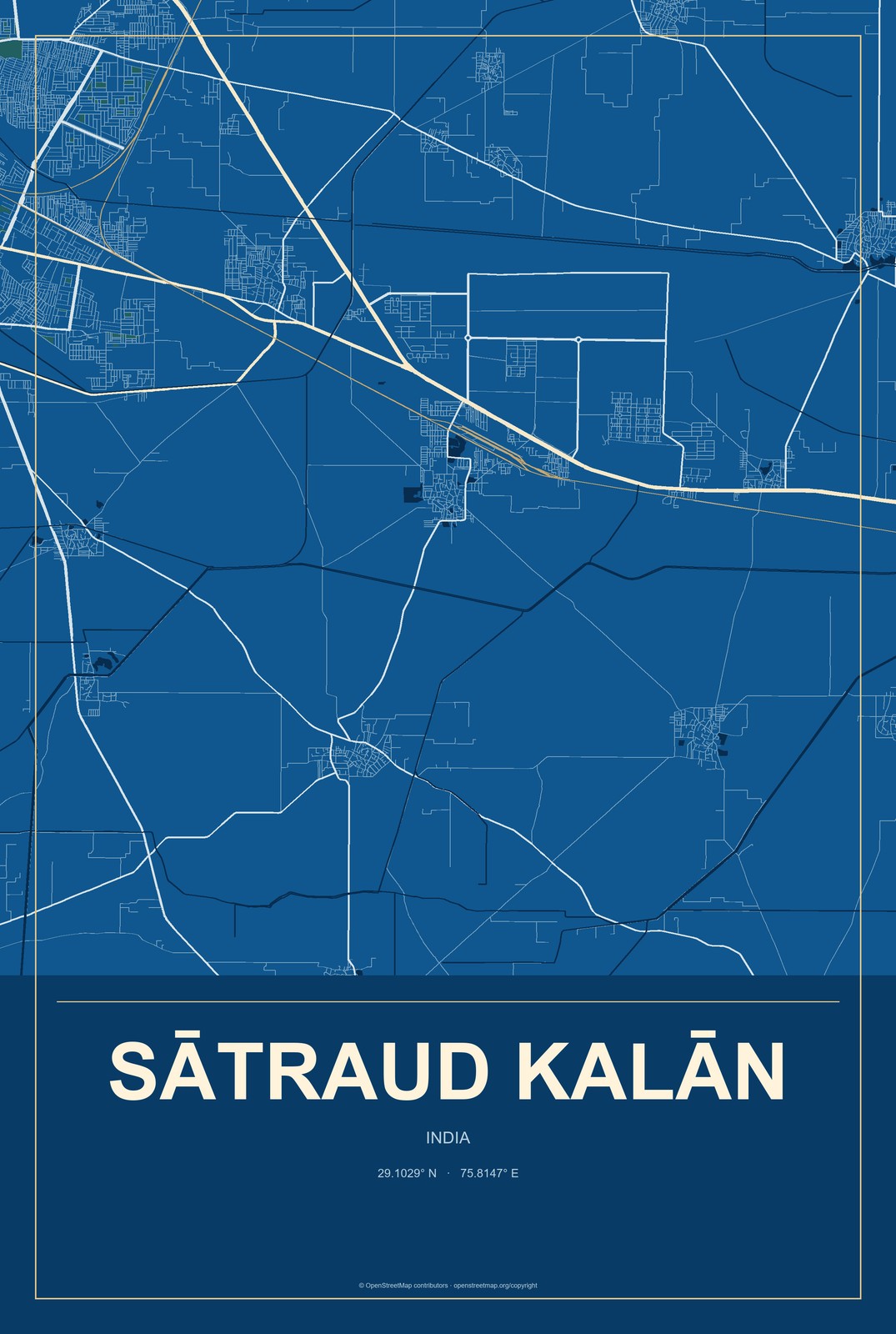 Sātraud Kalān, India City Map Aluminum Sign in Harbor Cobalt style